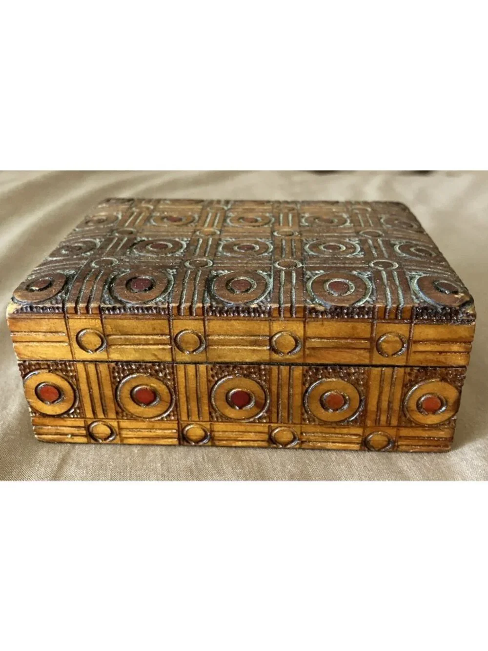 Trinket Box Carved Wooden With Hinged Lid 4'' X 3 1/4” X 1 1/2”